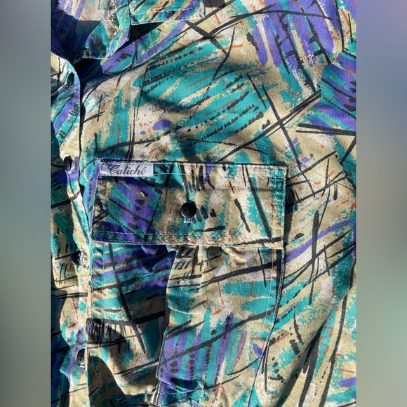 Caliche All Over Print Dress Vintage 80s 3/4 Sleeve Pockets Collared Funky - Picture 14 of 14